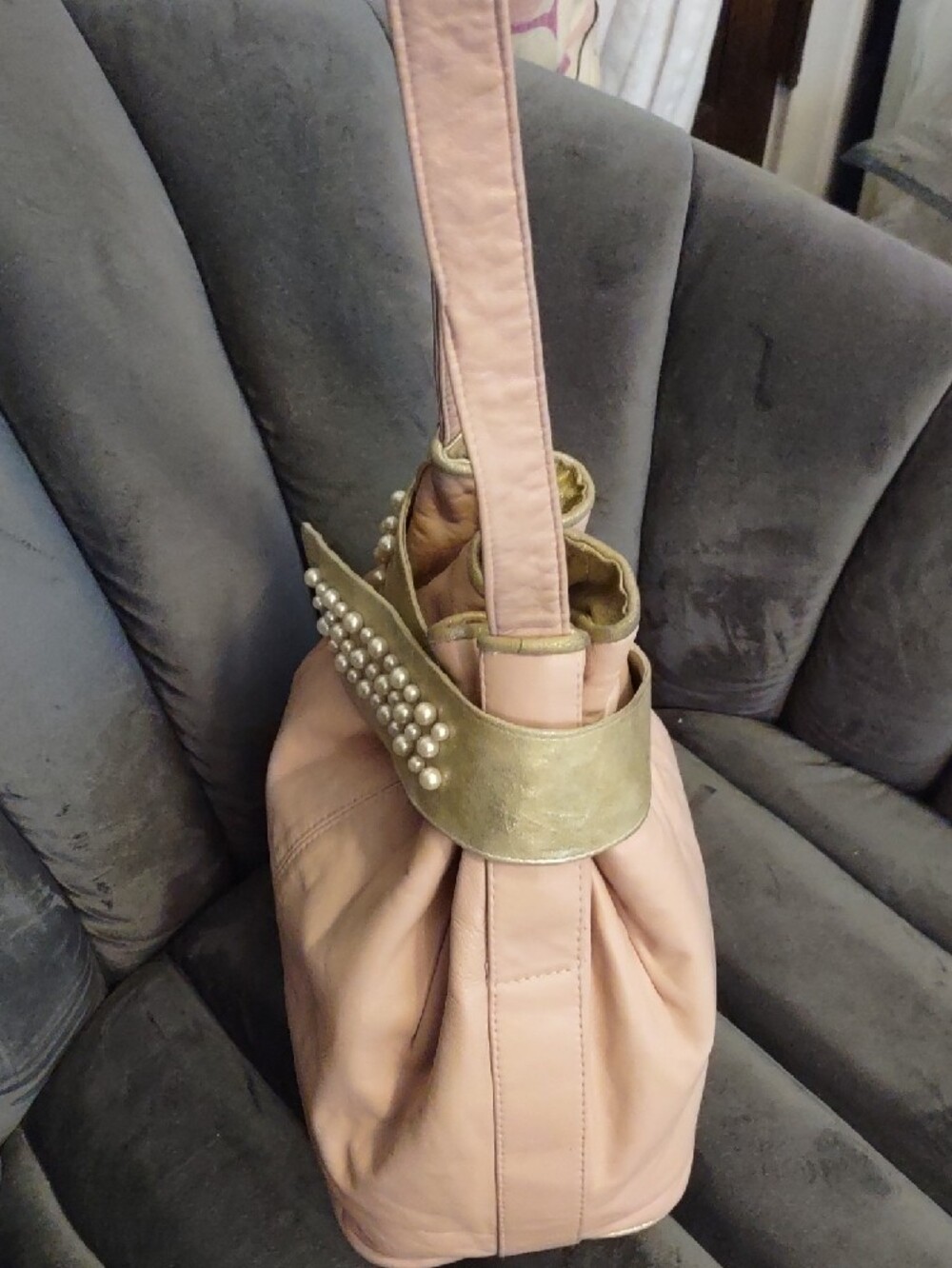 Blush Pink Viva Of California Leather Bucket Bag Pearl-Embellished Gold Flap - Picture 3 of 12